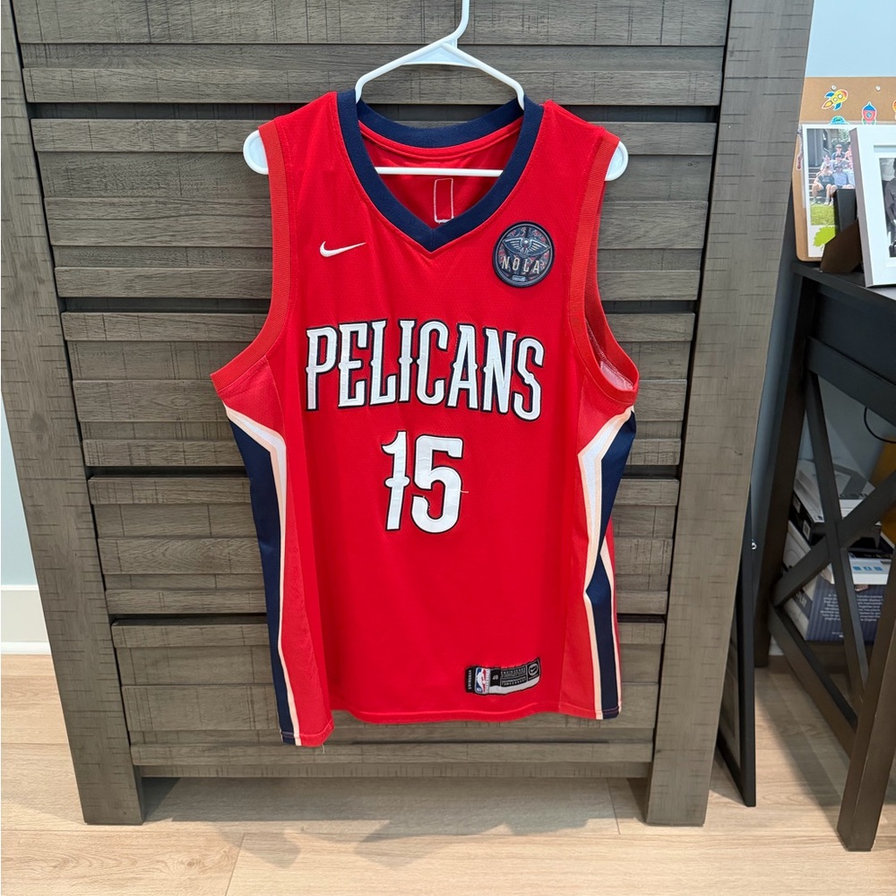 Nike Red Pelicans #15 Basketball Jersey with Navy & White Trim